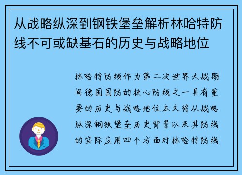 从战略纵深到钢铁堡垒解析林哈特防线不可或缺基石的历史与战略地位 从战略纵深到钢铁堡垒解析林哈特防线不可或缺基石的历史与战略地位